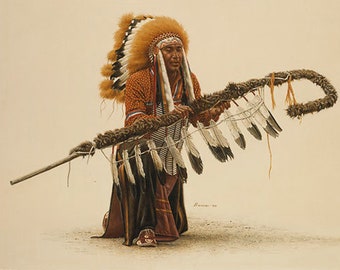 May include: A watercolour painting of a Native American man in traditional dress. He wears a feathered headdress, an orange patterned shirt, and a long, dark skirt. He holds a ceremonial object decorated with feathers.