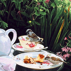 May include: A still-life painting depicts a tea setting outdoors. A white teapot and teacup with floral designs are visible, along with a plate of cake and two sparrows. The background features lush greenery and flowers.