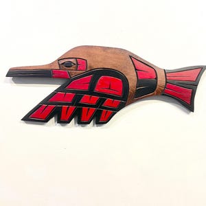 Red Hummingbird Native Carving Coast Salish First Nations Indigenous Artist Delbert PETER signed Original Carved in Canada Bird Gift Art