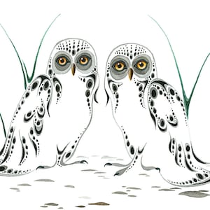Ray BAPTISTE &quot; Two Owls &quot; Canvas Authentic Indigenous Collectible Made In Canada Native art First Nations Aboriginal Spirit Ojibway Animal