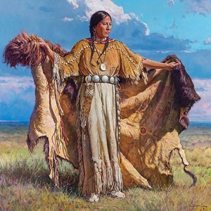 May include: A painting of a Native American woman in traditional attire, holding a buffalo hide. She wears a tan dress with fringe, beaded jewelry, and a belt with turquoise stones. The background features a grassy field and a blue sky with clouds.
