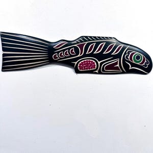 Valencia BIRD Signed Salmon & Eggs Original Art Carving Cree First Nations Indigenous Artist Native Hand Carved Wall Art Salish Black Fish