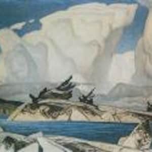 May include: A watercolor painting depicts a serene landscape with a body of water and a rocky island. The sky is filled with large, fluffy white clouds. The island features several dark green trees. The painting's color palette includes blues, greens, and whites.