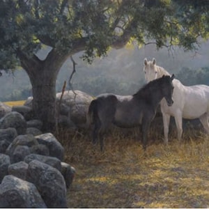 May include: A painting depicting two horses beneath a large tree. One horse is black, the other white. A stone wall and a field of dry grass are in the foreground. The scene is illuminated by soft sunlight.