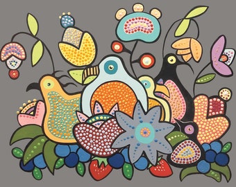 Donna LANGHORNE "The Strange" Lienzo Auténtico Coleccionable Indígena Edición Limitada Tamaño de 195 Hecho en Canadá Arte Pájaros Flor Colorido