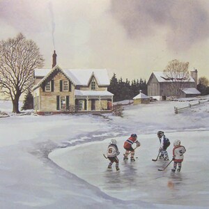 May include: A winter landscape painting depicts children playing hockey on a frozen pond. A snow-covered house and barn are in the background. The sky is overcast, and a leafless tree stands near the house.