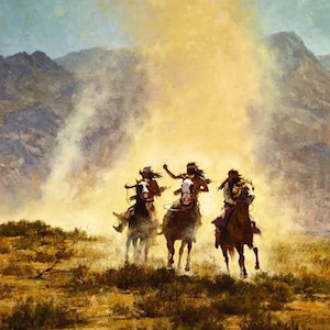 May include: An oil painting showing three riders on horseback, reminiscent of the American West. The riders are Native Americans, galloping across a dusty plain. The background features mountains and a bright, hazy sky, creating a sense of movement.