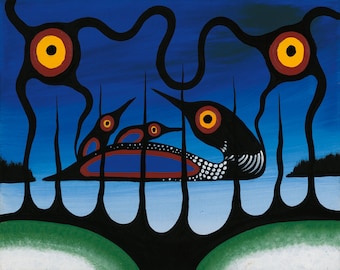 May include: An abstract painting featuring three stylized black birds with red and yellow eyes, set against a blue sky. The birds are positioned near a body of water, with black, organic shapes framing the scene. The artwork has a folk art style.