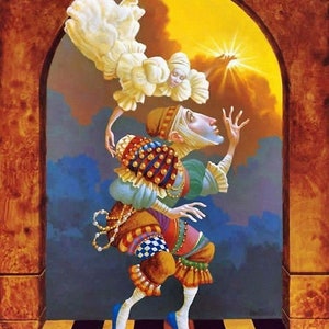 May include: A surrealist painting featuring a figure in colorful Renaissance-style clothing, blue face, and a headdress, reaching towards a bright yellow archway. A floating figure in white hovers above. The background is a mix of blue and yellow.