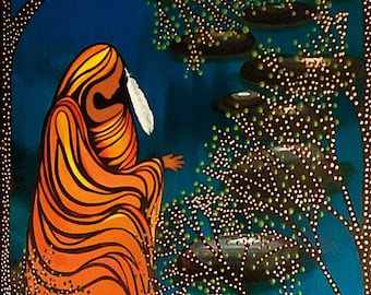 BETTY ALBERT " Oraciones de agua " Lienzo Auténtico coleccionable indígena hecho en Canadá Arte nativo Cree Primeras Naciones Aborigen Riverside