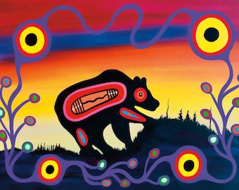 May include: A vibrant painting featuring a black bear silhouette with red, pink, and blue accents, set against a sunset sky. The bear is framed by purple, stylized floral elements with yellow and red circular details. The artwork evokes a sense of nature and indigenous art.