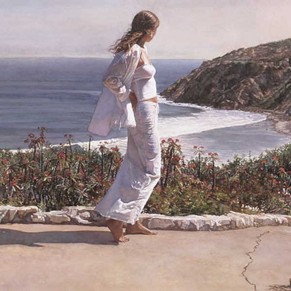 Steve HANKS " Beyond the Path " Limited Edition Canvas Young Woman Water Rocky Coastline art