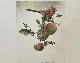 May include: A detailed print of a red cardinal perched on a branch with apples. The artwork features a realistic style with muted colors, including red, green, and brown. The artist's signature is visible.
