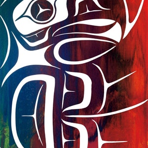May include: Abstract artwork with a white bird design on a colourful background. The background shifts from blue to red, creating a vibrant contrast. The bird's form is made of bold, flowing lines, reminiscent of tribal art.