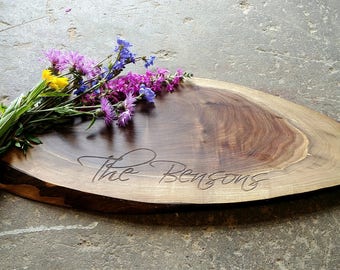 Personalized Cheese Board - Walnut Tree Slice - Live Edge Cutting Board - Rustic Wedding, Charcuterie, Tapas Board