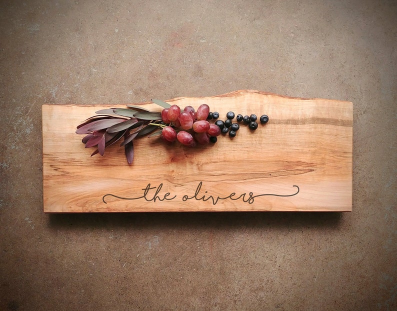 Personalized Cheese Board 20x8 inches Live Edge Cutting Board in Maple w/non skid feet and OSO Wood Butter image 1