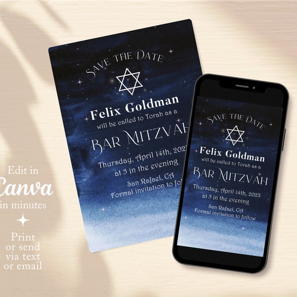Barmitzvah Einladung, BarMitzvah Karten, Bar Mitzvah Einladung, Bar Mitzvah Save the Date Karten, Blue Bar Mitzvah Einladung Digital