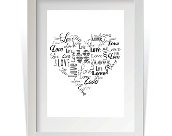 Instant Download - Heart made out of words Love in various fonts, minimalist design, black and white typographic art poster