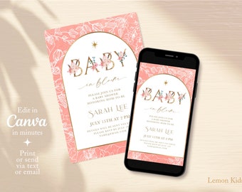 May include: A baby shower invitation with a floral design. The invitation features the text "BABY in bloom" in gold lettering, with the details of the event. The invitation is shown on a phone and a card.