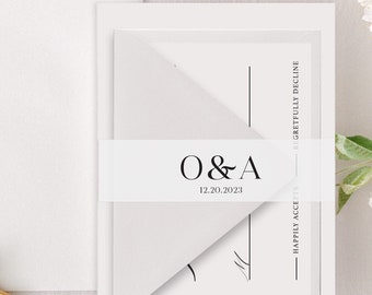 Bande de vélin pour faire-part de mariage, bande de vélin transparent, papier vélin initial personnalisé, bandes de vélin pour invitations 5 x 7, papier vélin, 1,5 x 11 po