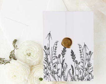 Botanical Vellum Jacket Wrap, Wildflower Floral Vellum for 5x7 Wedding Invitation, Printed 5x7  Vellum wraps