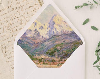 Protège-enveloppes beaux-arts montagne pour faire-part de mariage, insert de papeterie paysage rustique, lot de 10 protège-enveloppes de mariage