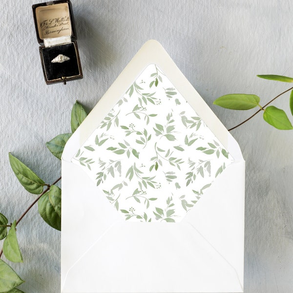 Sage Green Wedding Envelope Liner Pack, Custom Green Envelope Liner, Sage Wedding Invitation Envelope, Green Leaf, Lined Envelopes