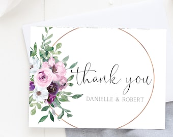 Gepersonaliseerde bedankkaarten, bedankkaarten bruiloft, gepersonaliseerde bruiloft briefpapier, aangepaste bedankkaarten, paarse bloemen bedankkaarten