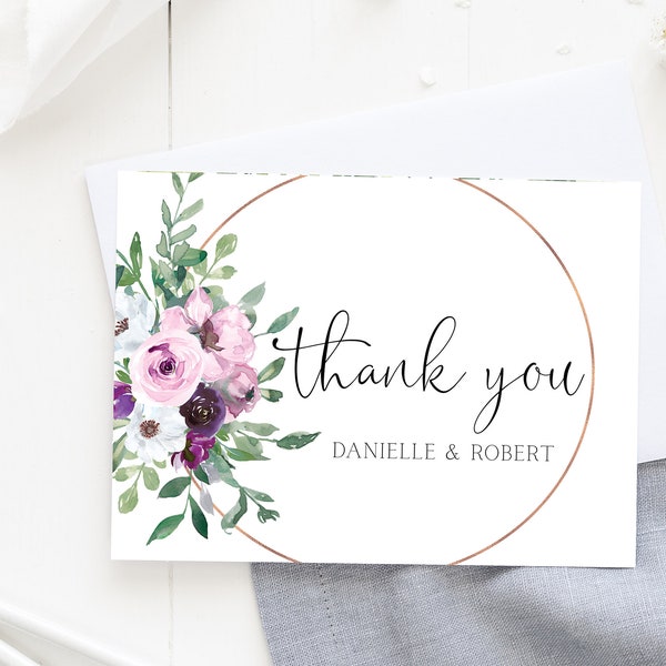 Personalized Thank You Cards, Wedding Thank You Cards, Personalized Wedding Stationery, Custom Thank You Cards, Purple  Floral Thank You