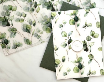 Veste en vélin d’eucalyptus, enveloppement d’invitation en vélin, invitation de mariage en vélin 5x7, papier vélin floral d’eucalyptus pour invitations, vélin