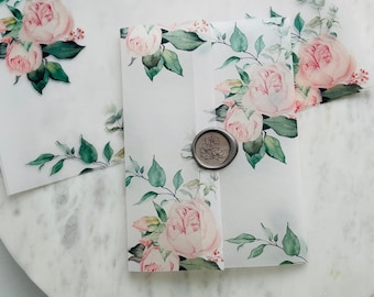 Różowa kwiatowa welinowa kurtka na zaproszenia ślubne 5x7, drukowana welinowa okładka, zaproszenia ślubne welinowe, rękaw welinowy, drukowany papier welinowy