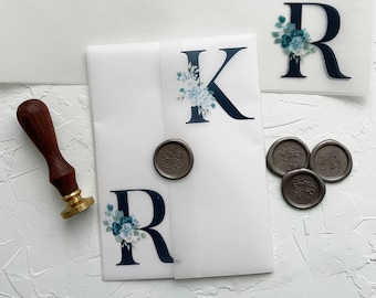 Printed Vellum Invitation Wrap, 5x7 Vellum Wedding Invitation Navy Initial Floral, Modern Floral Vellum Sleeve, Clear Printed Wrap