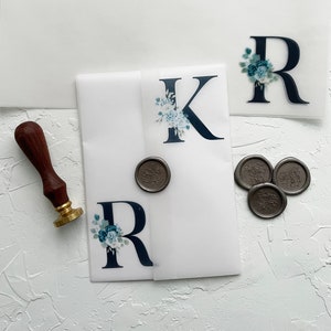 Printed Vellum Invitation Wrap, 5x7 Vellum Wedding Invitation Navy Initial Floral, Modern Floral Vellum Sleeve, Clear Printed Wrap