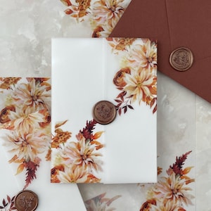 Envoltura de invitación con vitela floral otoñal, boda rústica de otoño (5x7), fundas de invitación DIY