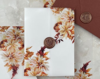 Autumn Floral Vellum Invitation Wrap, Rustic Fall Wedding (5x7), DIY Invitation Sleeves