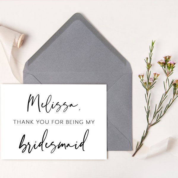 Thank You For Being My Bridesmaid, Personalized Wedding Bridesmaid Thank You Card, Maid of Honor, Flower Girl