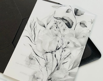 Vellum Jacket for 5x7 Wedding Invitation, Black and White Vellum Wrap, DIY Invitation Vellum Sleeve, Floral Vellum Jacket