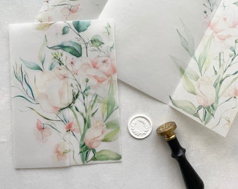 Pink Rose Vellum Jacket, 5x7 Printed Vellum Paper, Vellum Invitation, Vellum Wrap, Blush Rose Floral Printed Wrap for DIY Invitations