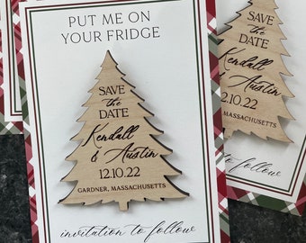 Save The Dates Christmas Magnet, Tree Save the Date Magnet, Rustic Save the Date, Wood Save the Date Magnet, December Wedding, Christmas
