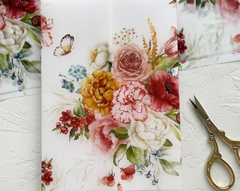 Veste fleurie en vélin, réservez en vélin, faire-part de mariage en vélin floral rose estival, vélin imprimé pour faire-part DIY