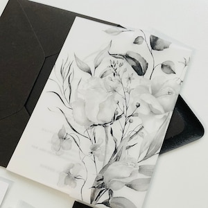 Vellum Jacket for 5x7 Wedding Invitation, Black and White Vellum Wrap, DIY Invitation Vellum Sleeve, Floral Vellum Jacket