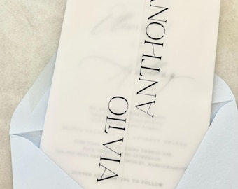 Veste en vélin personnalisée pour faire-part, écharpe en vélin personnalisée pour mariage moderne, écharpe de mariage en vélin 5 x 7 translucide, réservez les dates