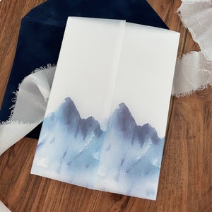 Mountain Vellum Jacket Wrap, Vellum Wedding Invitations, Mountains Vellum Jacket 5x7, Clear Floral Wrap for Invitations, Vellum