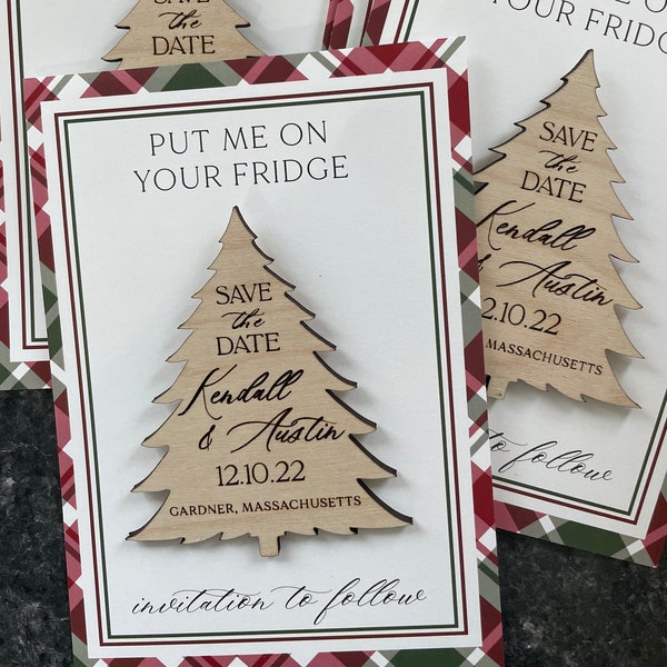 Save The Dates Christmas Magnet, Tree Save the Date Magnet, Rustic Save the Date, Wood Save the Date Magnet, December Wedding, Christmas