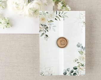 Veste en vélin pour faire-part de mariage, papier vélin floral blanc, vélin imprimé de fleurs, manches 5 x 7, papier translucide transparent imprimé