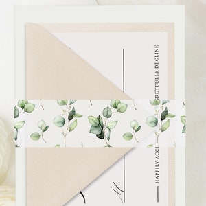 Eucalyptus Belly Bands for Wedding Invitations, Green Vellum Band for 5x7 Wedding Invitations, Floral Vellum Belly Band, Invitation Band