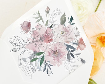 Blush Greenery Envelope Liner, Hand Drawn Envelope Liner, Wedding Invitation Envelope, Floral Envelope, Lined Envelopes, Set of 10 Liners