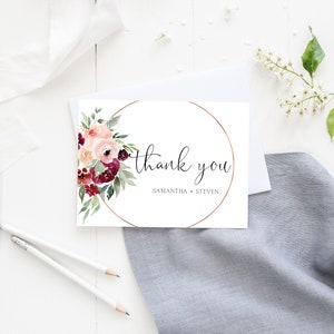 Cartes de remerciement de mariage, cartes de remerciement vierges bordeaux, papeterie de mariage personnalisée, cartes de remerciement personnalisées, merci bourgogne
