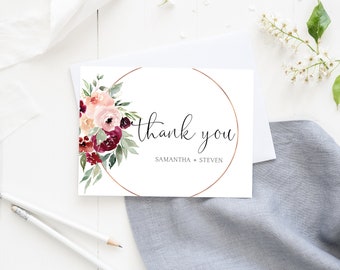 Wedding Thank You Cards, Blank thank you cards maroon Personalized Wedding Stationery, Custom Thank You Cards, Burgundy Thank You