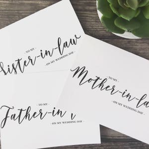 Tarjeta de boda para la madre o el padre de los novios, tarjeta de boda de caligrafía, tarjeta de fiesta nupcial el día de la boda, tarjeta de nota de amor de boda